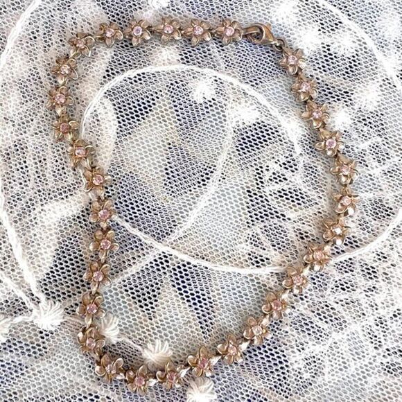 Vintage Solid Sterling & Pink Topaz Flower Bracelet/Anklet ~9.5” - Picture 4 of 10